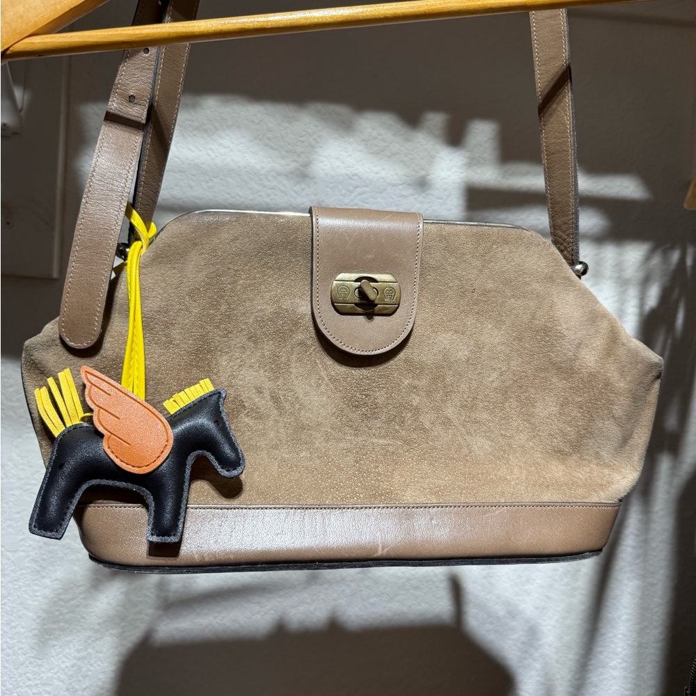 Taupe Suede Shoulder Bag with Yellow Charm and real leather